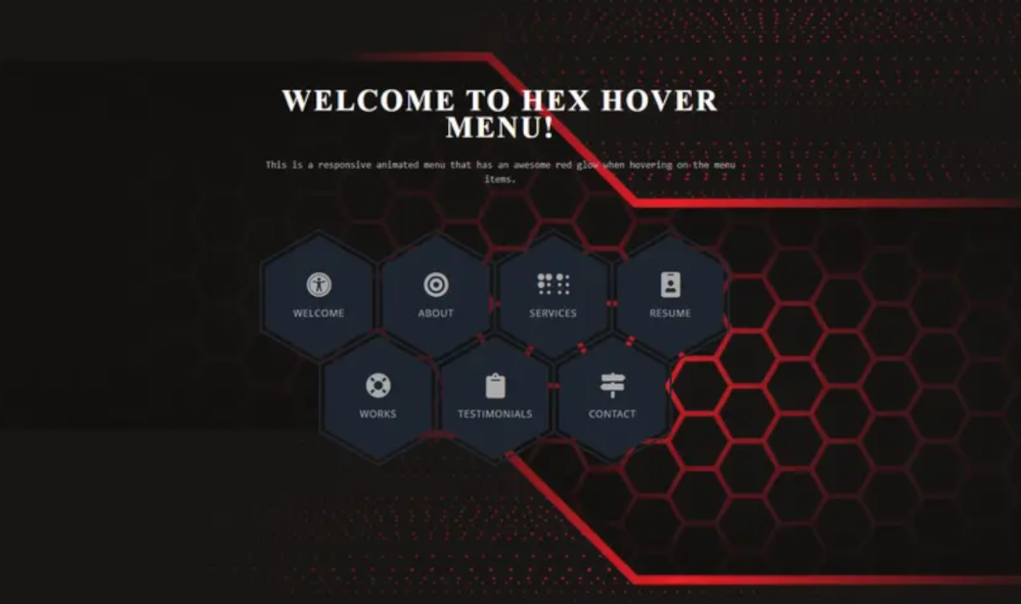 A responsive animated menu that has an awesome red glow when hovering on the hex-shaped menu items.